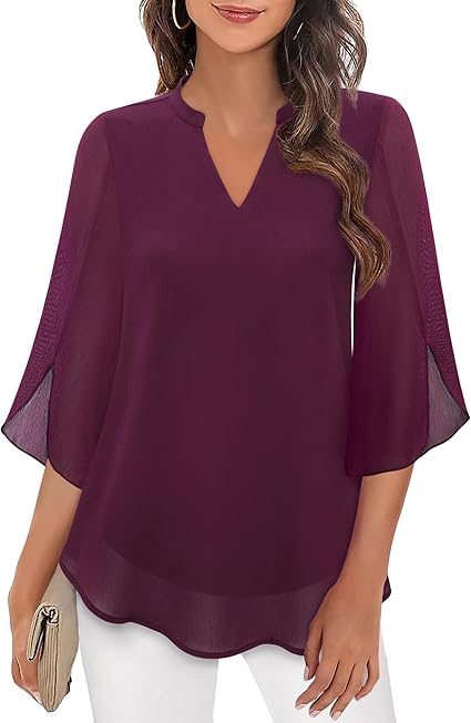 Women's V-Neck 3/4 Sleeve Chiffon Blouse with Loose Layered Fit