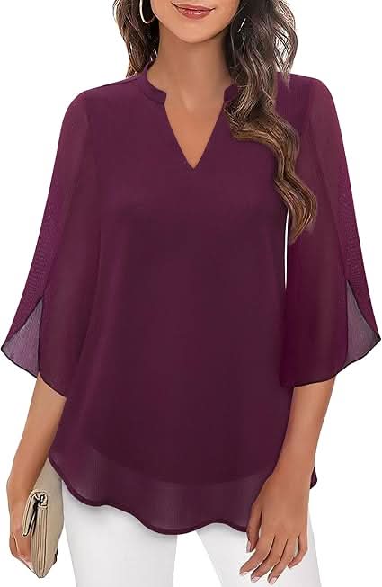 Women's Double Layer Chiffon Blouse with V-Neck and 3/4 Sleeves