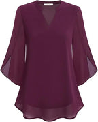 Women's V-Neck 3/4 Sleeve Chiffon Blouse with Loose Layered Fit
