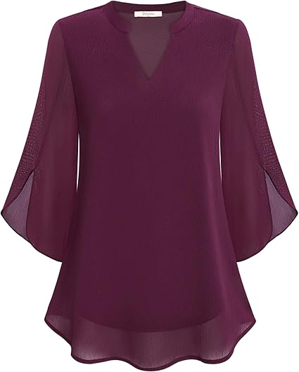 Women's V-Neck 3/4 Sleeve Chiffon Blouse with Loose Layered Fit