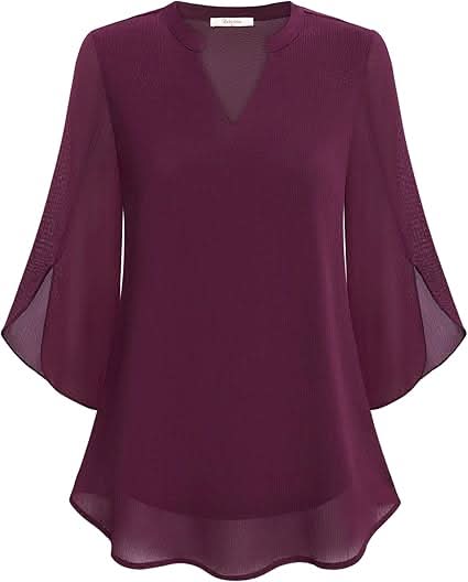 Women's Double Layer Chiffon Blouse with V-Neck and 3/4 Sleeves