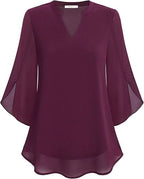 Women's Double Layer Chiffon Blouse with V-Neck and 3/4 Sleeves