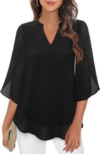 Women's V-Neck 3/4 Sleeve Chiffon Blouse with Loose Layered Fit