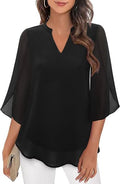 Women's Double Layer Chiffon Blouse with V-Neck and 3/4 Sleeves