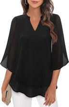Women's Double Layer Chiffon Blouse with V-Neck and 3/4 Sleeves