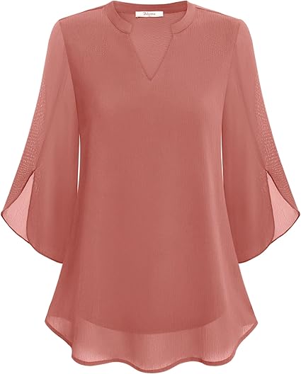 Women's V-Neck 3/4 Sleeve Chiffon Blouse with Loose Layered Fit