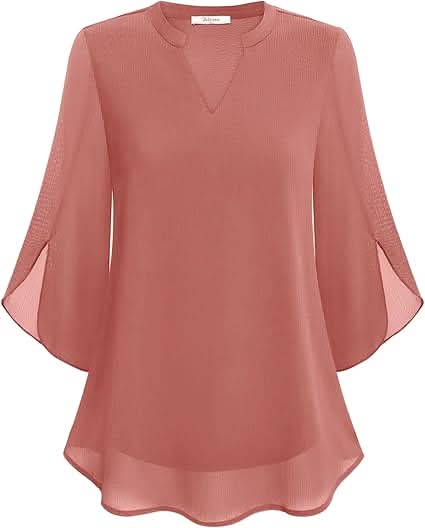 Women's Double Layer Chiffon Blouse with V-Neck and 3/4 Sleeves