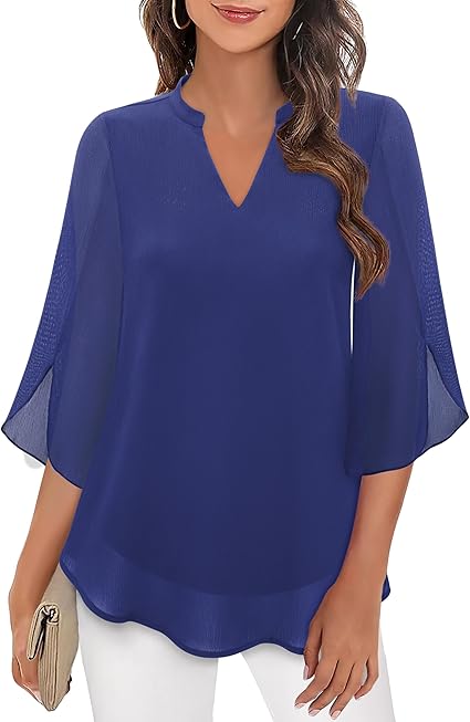 Women's V-Neck 3/4 Sleeve Chiffon Blouse with Loose Layered Fit