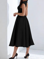 Women's Bateau Neck Cap Sleeve Satin Full Skirt Midi Dress