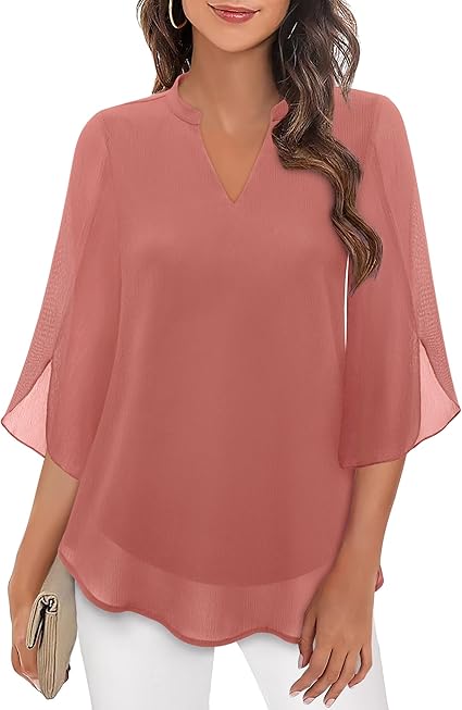 Women's V-Neck 3/4 Sleeve Chiffon Blouse with Loose Layered Fit