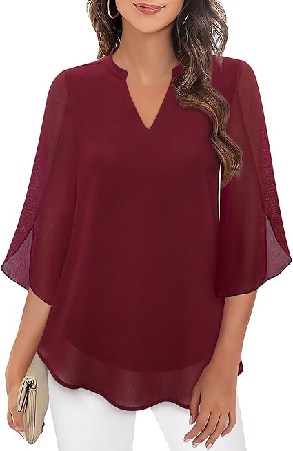 Women's V-Neck 3/4 Sleeve Chiffon Blouse with Loose Layered Fit
