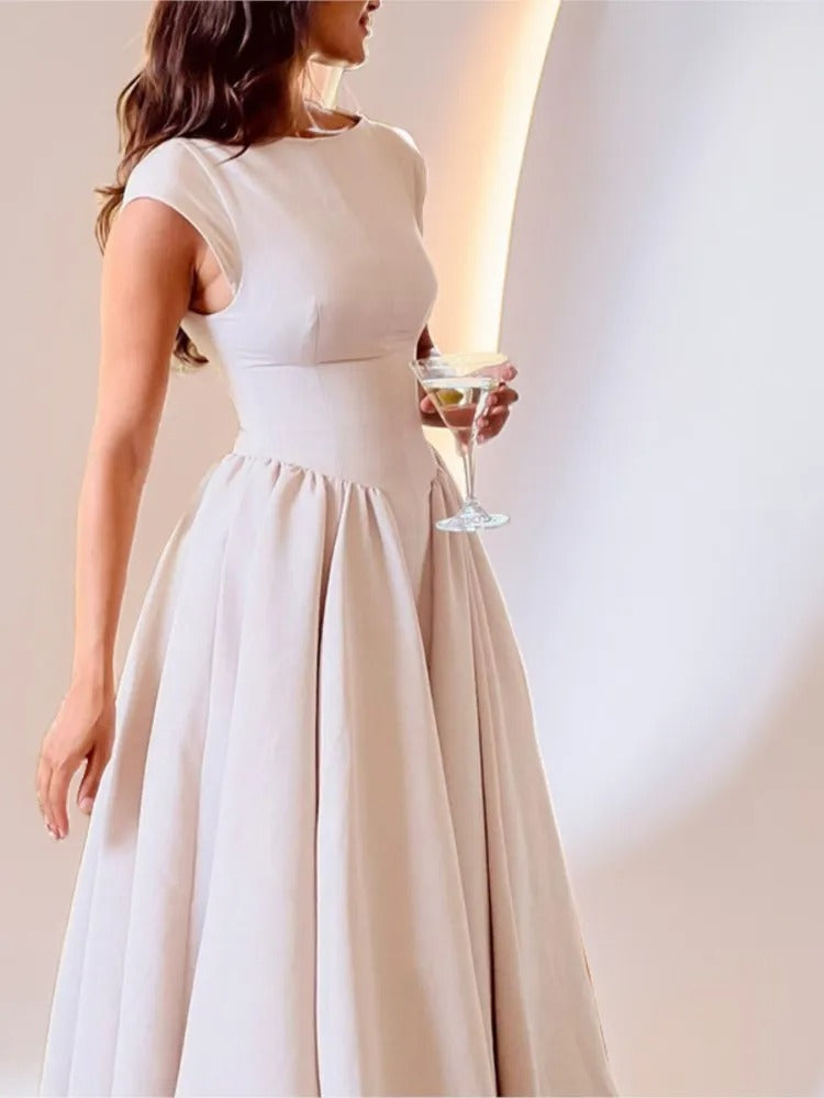 Women's Bateau Neck Cap Sleeve Satin Full Skirt Midi Dress
