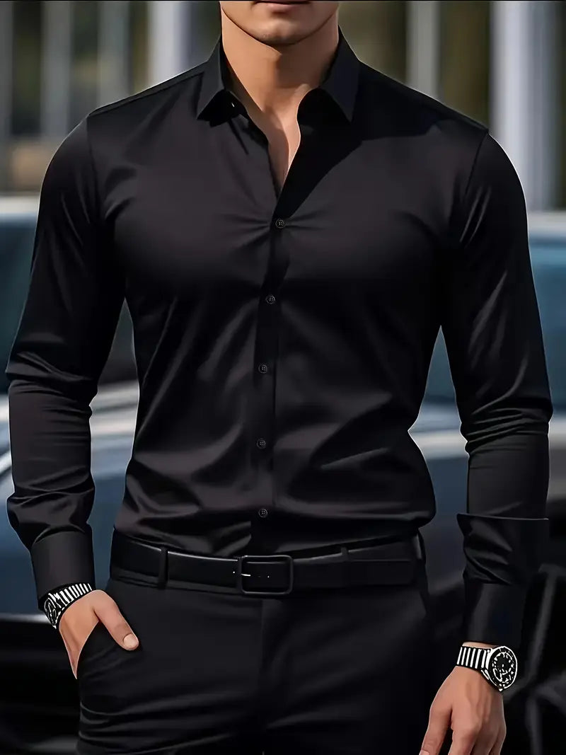 Men's Breathable Slim-Fit Long-Sleeve Shirt with Structured Collar