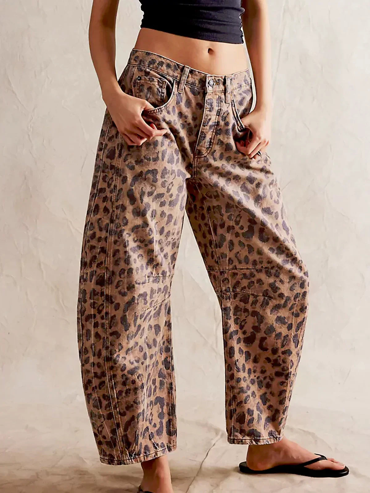 Women's Mid-Rise Wide-Leg Leopard Print Jeans with Button Fastening