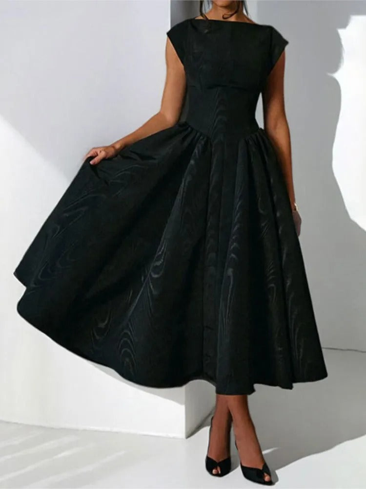Women's Bateau Neck Cap Sleeve Satin Full Skirt Midi Dress