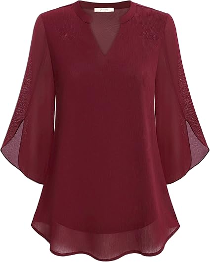 Women's V-Neck 3/4 Sleeve Chiffon Blouse with Loose Layered Fit