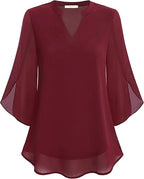 Women's V-Neck 3/4 Sleeve Chiffon Blouse with Loose Layered Fit