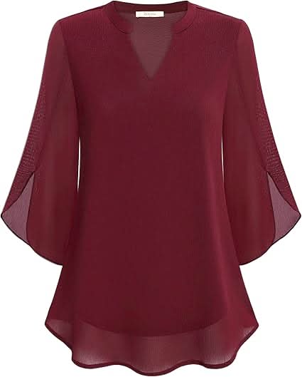 Women's Double Layer Chiffon Blouse with V-Neck and 3/4 Sleeves
