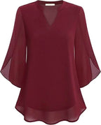 Women's Double Layer Chiffon Blouse with V-Neck and 3/4 Sleeves