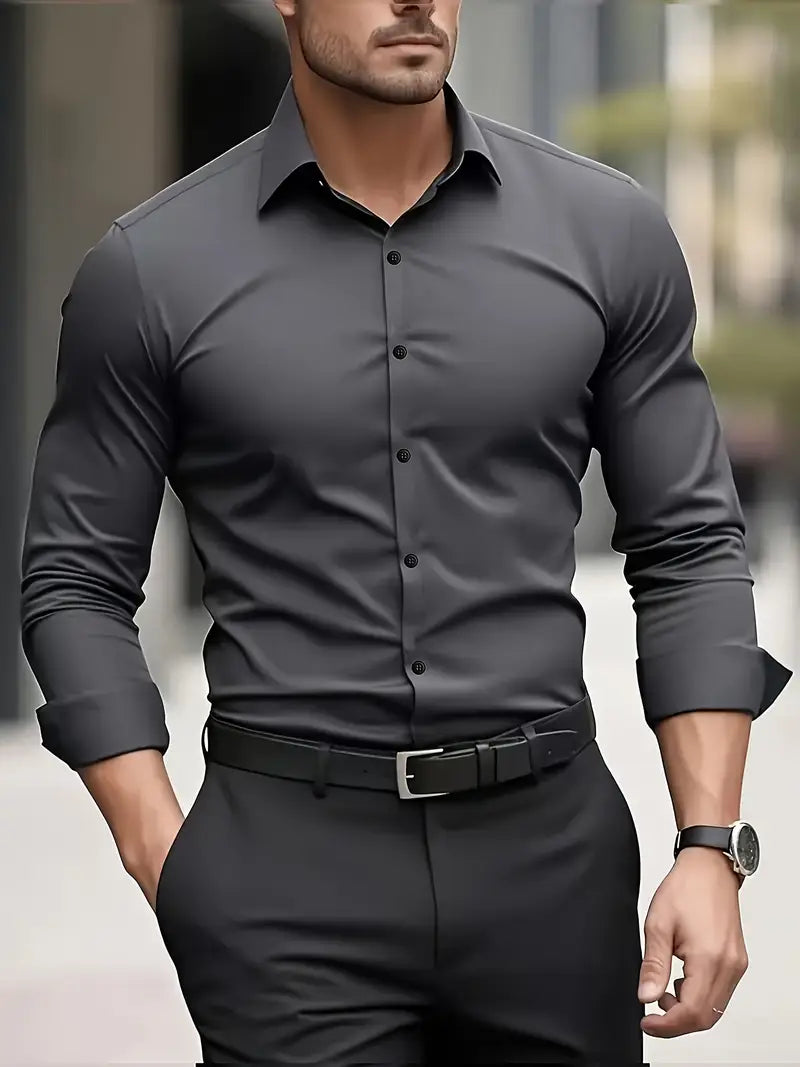Men's Breathable Slim-Fit Long-Sleeve Shirt with Structured Collar