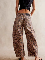 Women's Mid-Rise Wide-Leg Leopard Print Jeans with Button Fastening