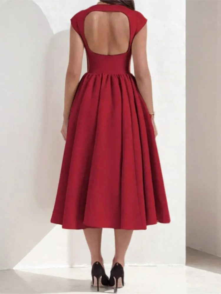 Women's Bateau Neck Cap Sleeve Satin Full Skirt Midi Dress