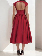 Women's Bateau Neck Cap Sleeve Satin Full Skirt Midi Dress