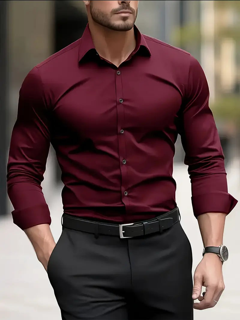 Men's Breathable Slim-Fit Long-Sleeve Shirt with Structured Collar