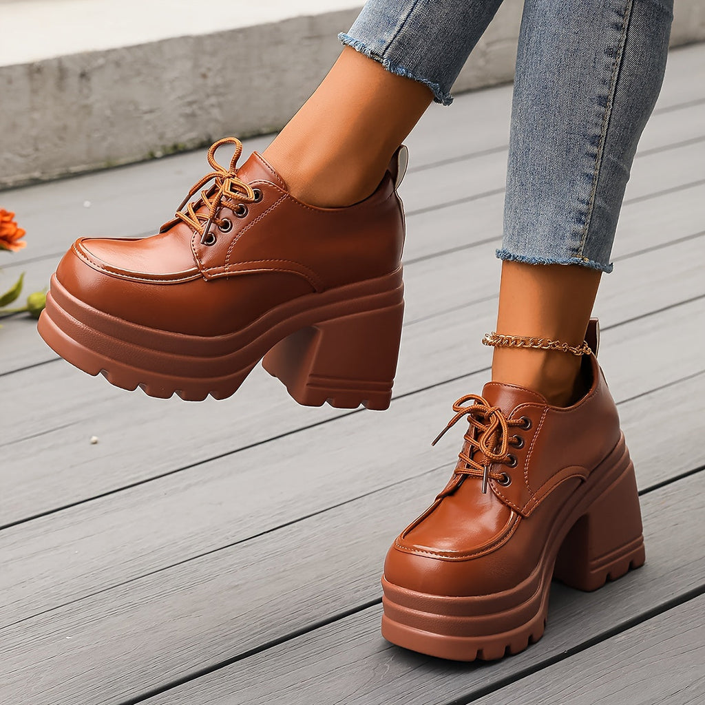 Women's Chunky Lace-Up Platform Shoes with Rubber Sole