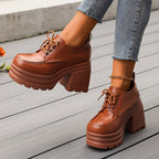 Women's Chunky Lace-Up Platform Shoes with Rubber Sole