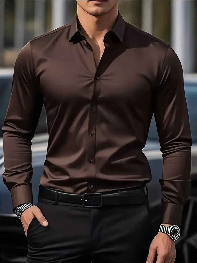 Men's Breathable Slim-Fit Long-Sleeve Shirt with Structured Collar