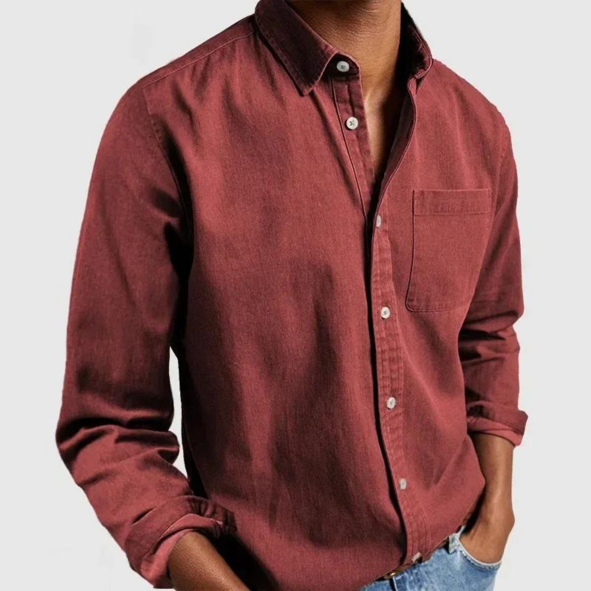 Men's Tailored-Fit Cotton Shirt with Notched Collar and Button Placket