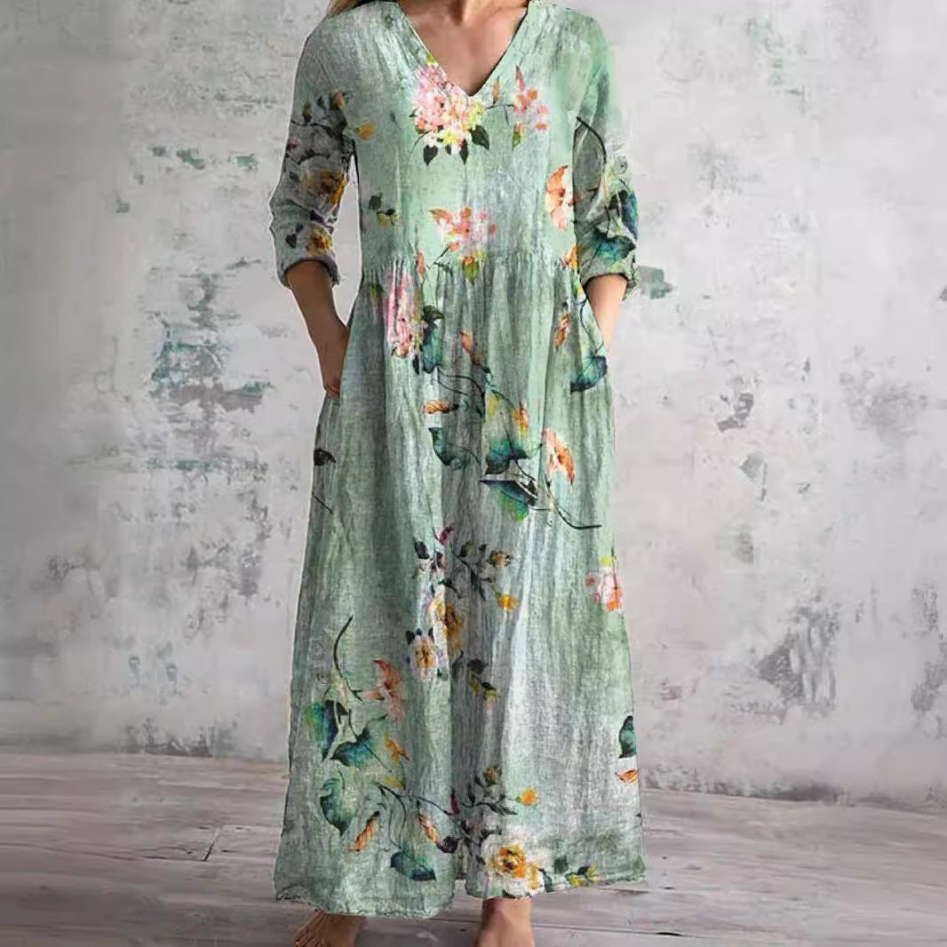 Women's Relaxed-Fit Linen-Cotton Dress with Floral Print
