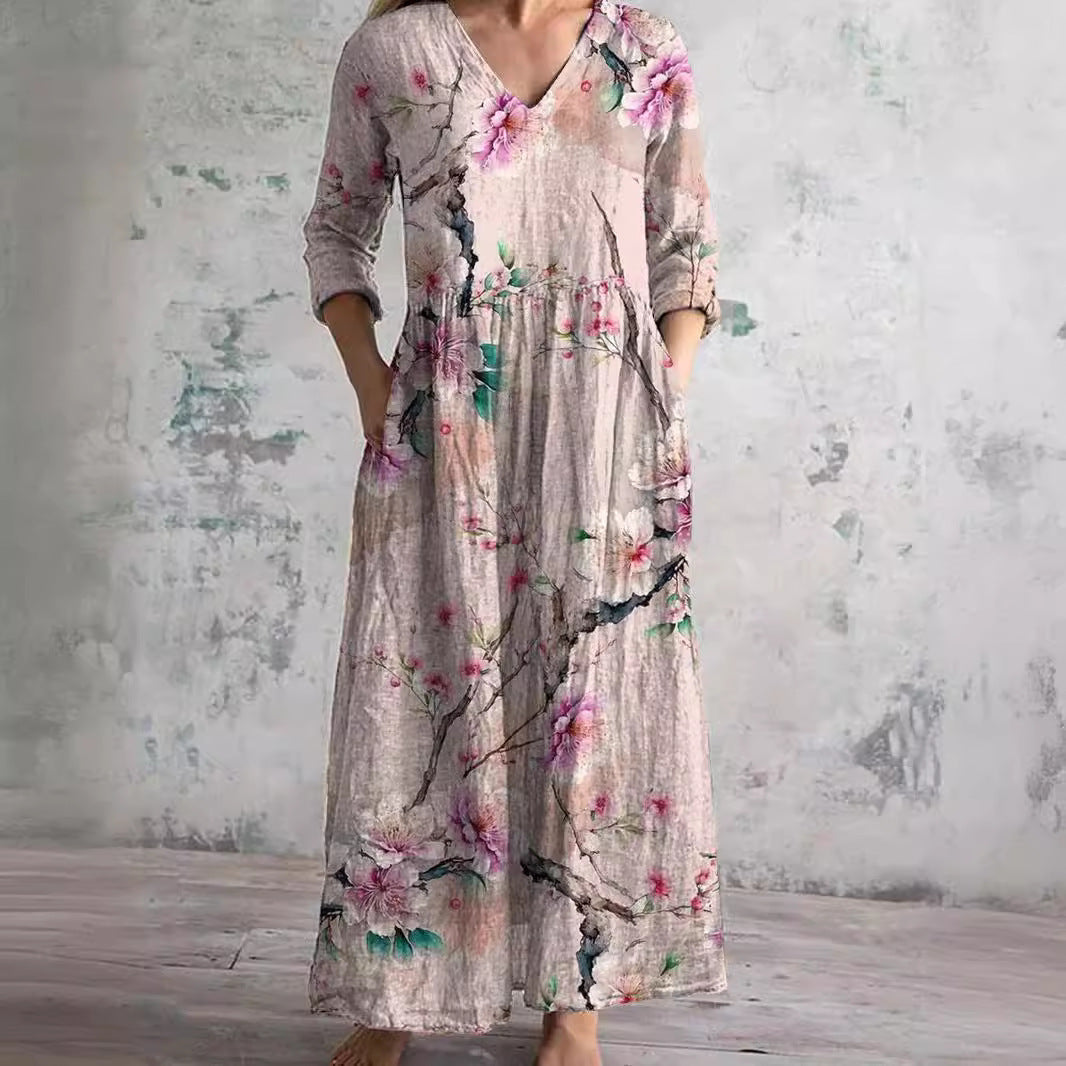 Women's Relaxed-Fit Linen-Cotton Dress with Floral Print