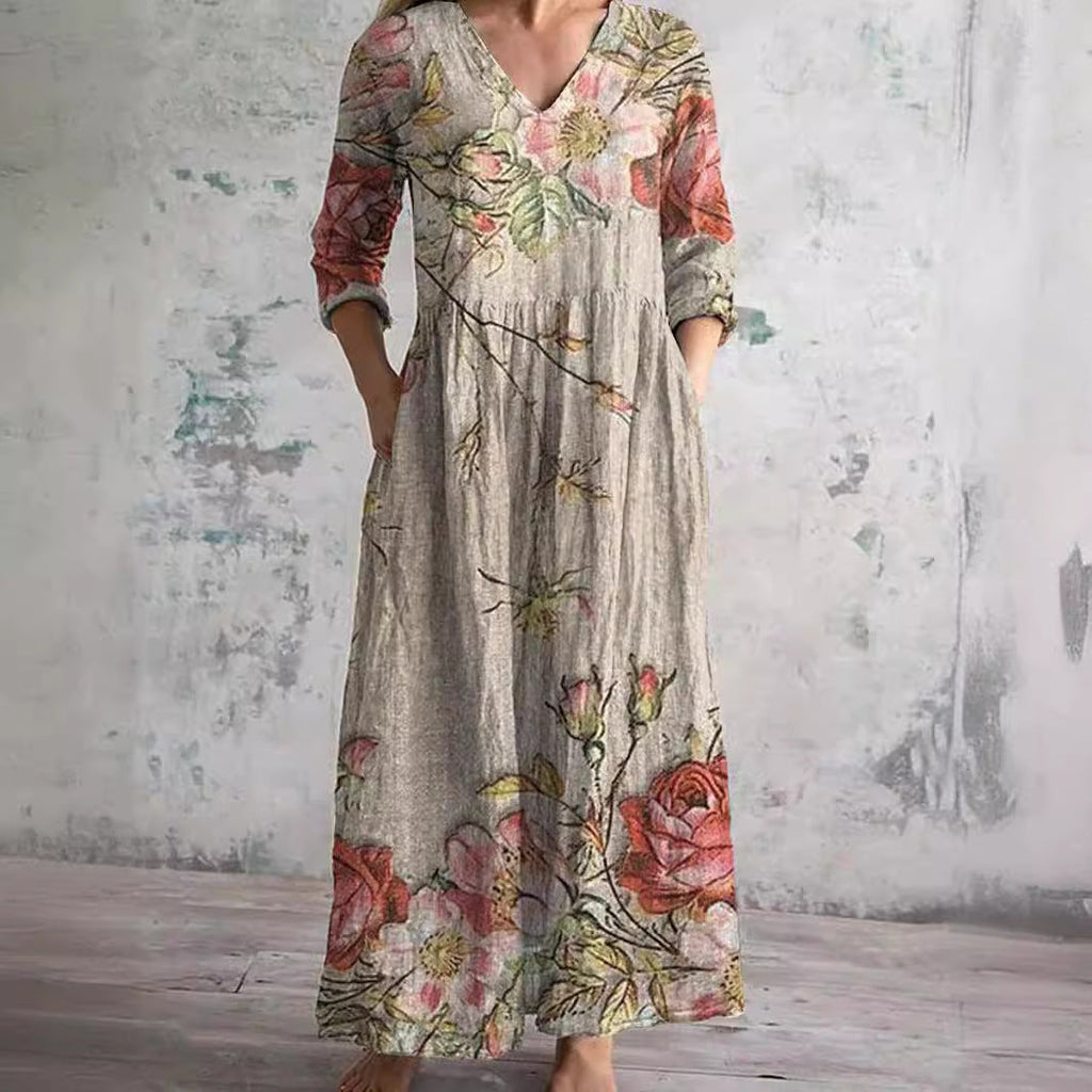 Women's Relaxed-Fit Linen-Cotton Dress with Floral Print