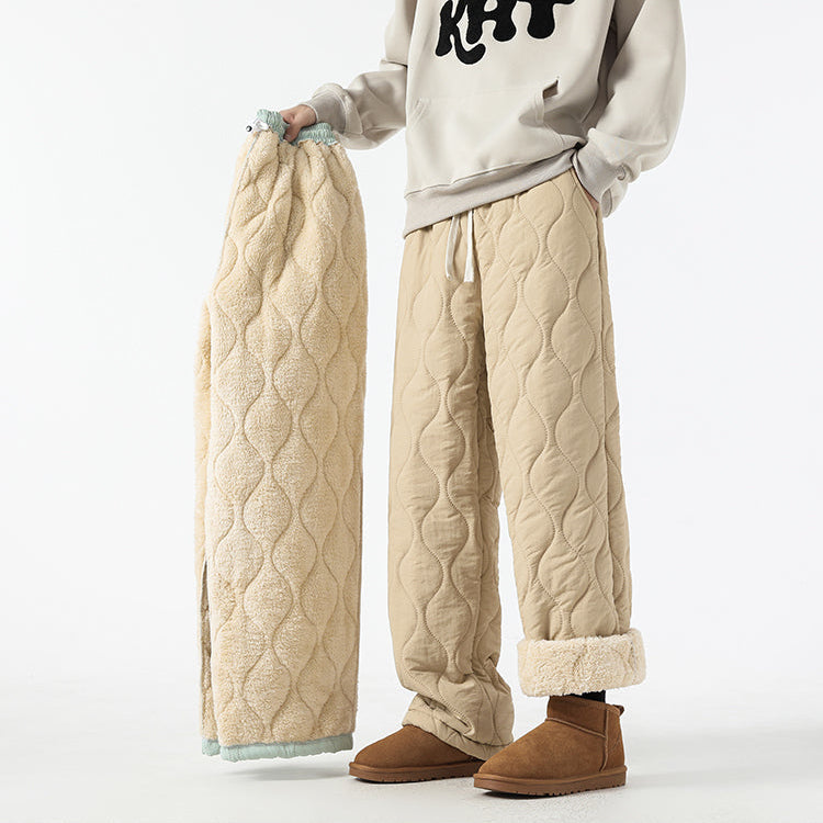 Women's Fleece-Lined Quilted Wide-Leg Pants with Elastic Waistband