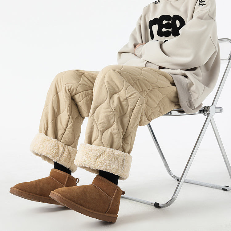 Women's Fleece-Lined Quilted Wide-Leg Pants with Elastic Waistband