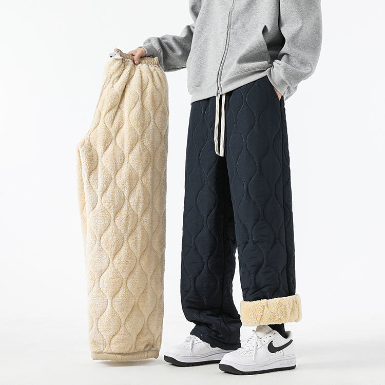 Women's Fleece-Lined Quilted Wide-Leg Pants with Elastic Waistband