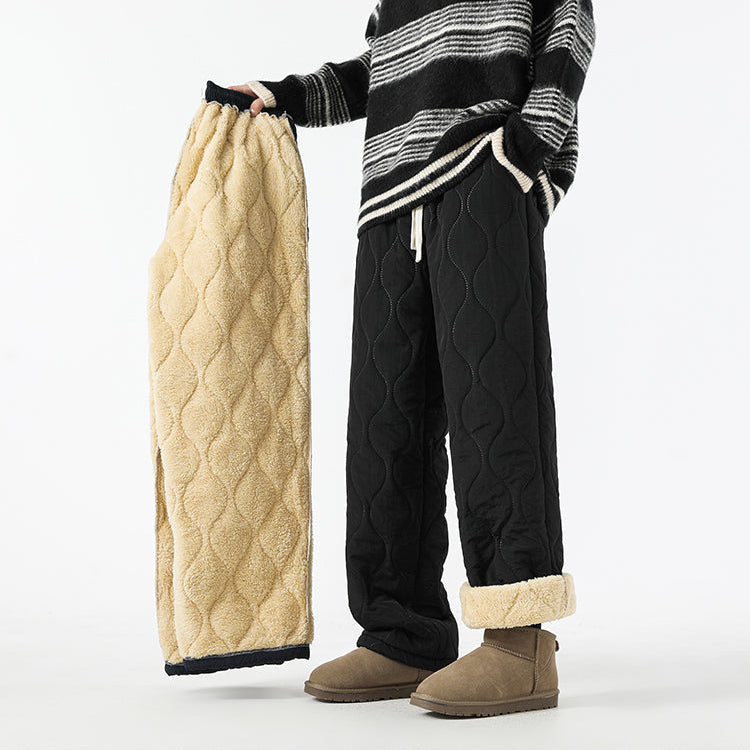 Women's Fleece-Lined Quilted Wide-Leg Pants with Elastic Waistband