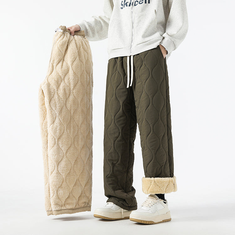 Women's Fleece-Lined Quilted Wide-Leg Pants with Elastic Waistband
