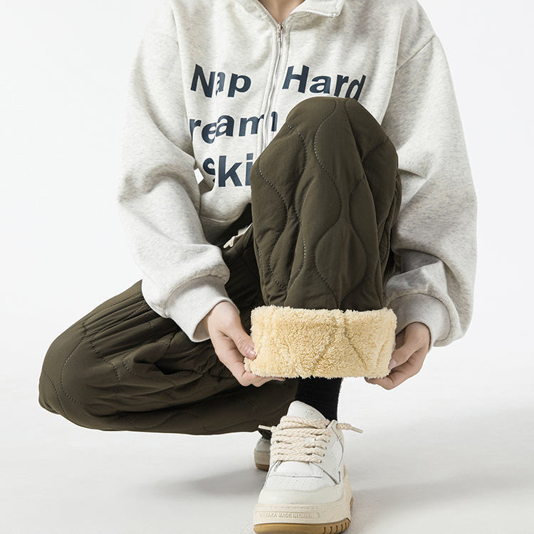Women's Fleece-Lined Quilted Wide-Leg Pants with Elastic Waistband