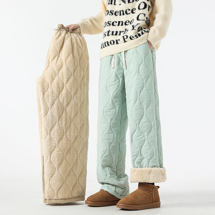 Women's Fleece-Lined Quilted Wide-Leg Pants with Elastic Waistband