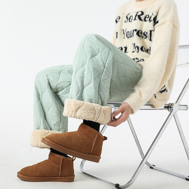 Women's Fleece-Lined Quilted Wide-Leg Pants with Elastic Waistband