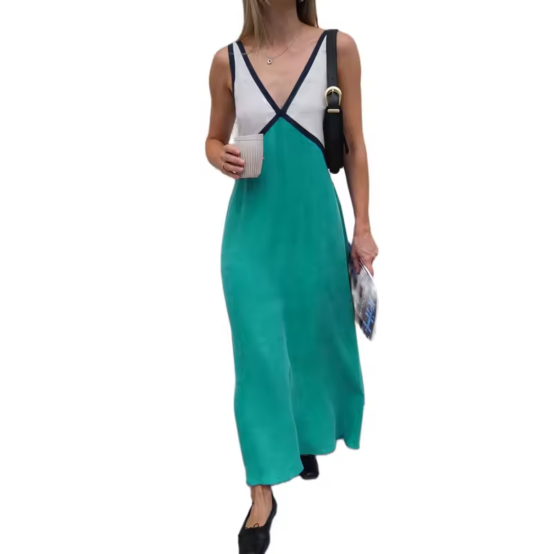 Women's V-Neck Colourblock Midi Dress with Contrast Panels