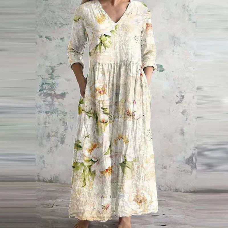 Women's Relaxed-Fit Linen-Cotton Dress with Floral Print