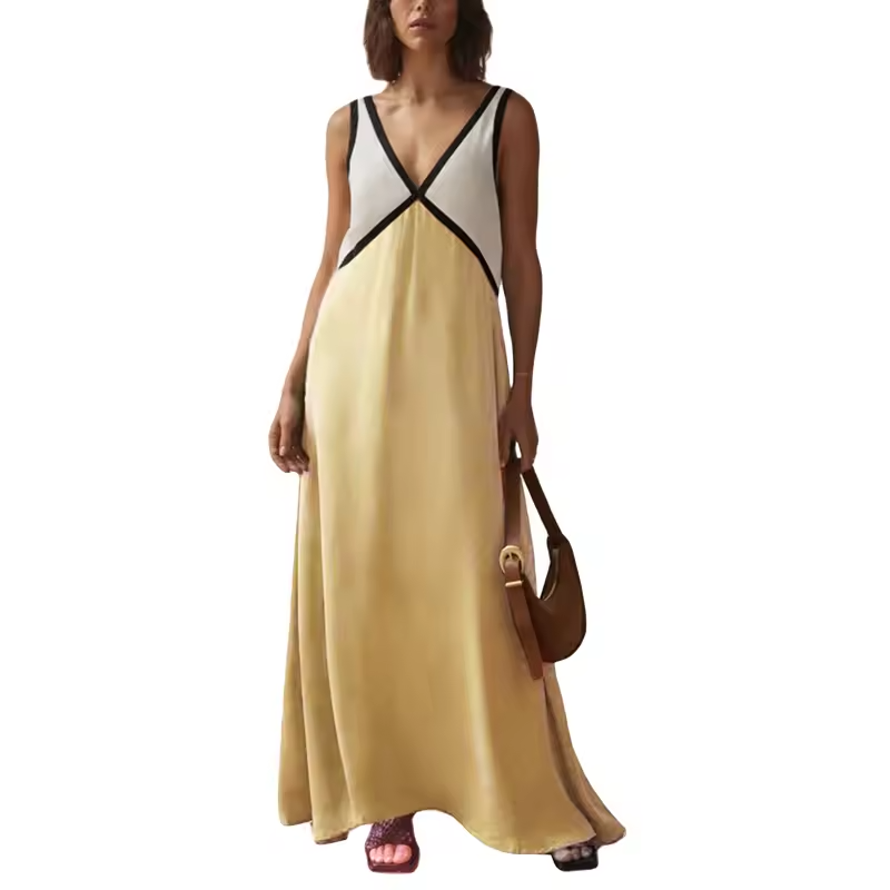 Women's V-Neck Colourblock Midi Dress with Contrast Panels
