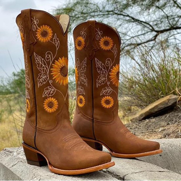 Women's Leather Bohemian Boots with Sunflower Pattern