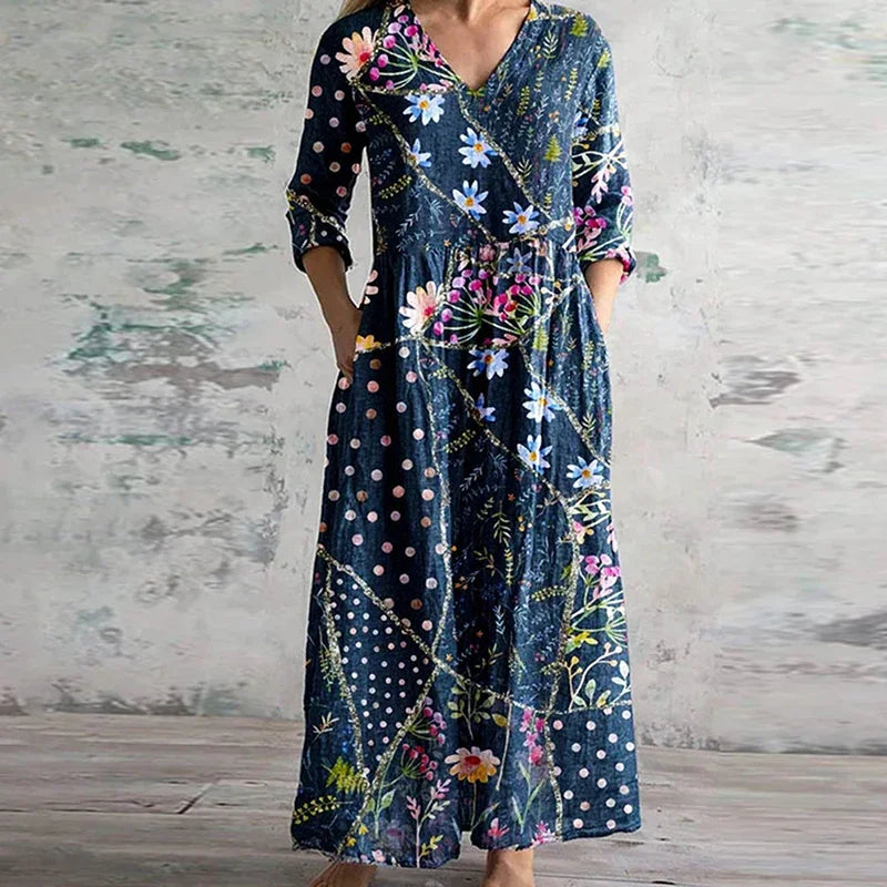 Women's Relaxed-Fit Linen-Cotton Dress with Floral Print