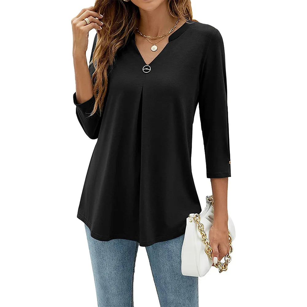 Women's V-Neck Relaxed Fit Top in Lightweight Polyester