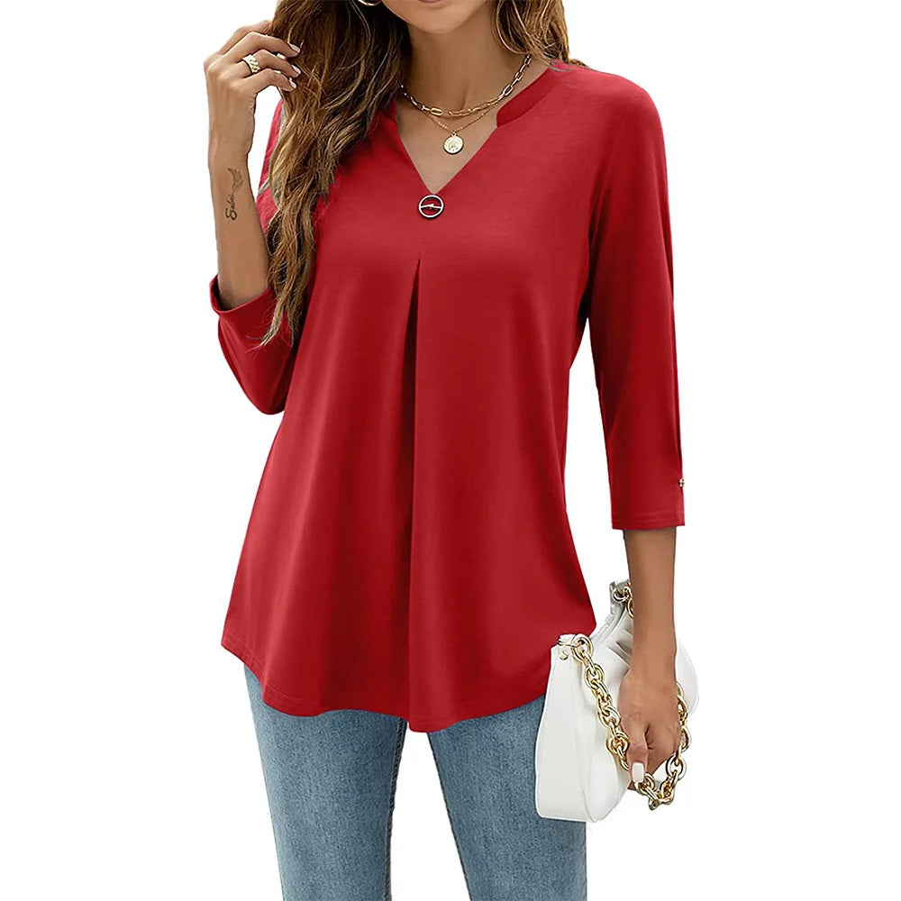 Women's V-Neck Relaxed Fit Top in Lightweight Polyester